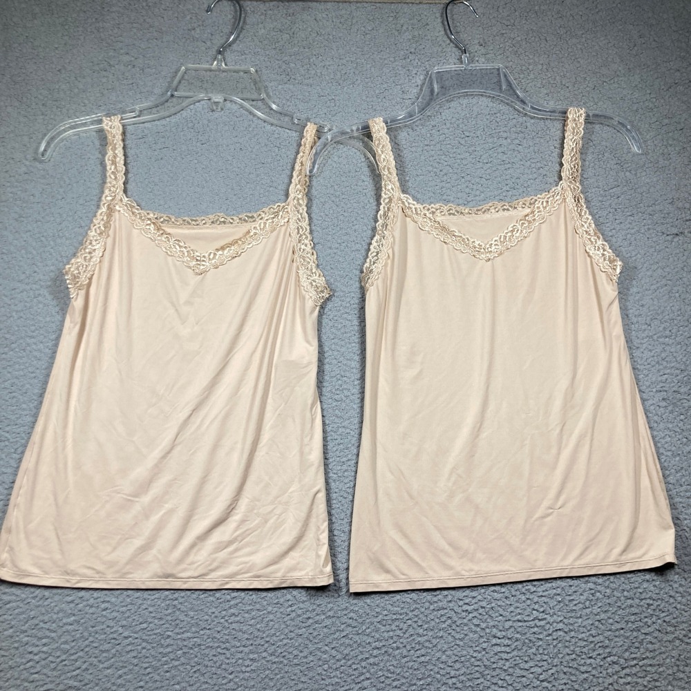 Vanity Fair Camisole Women Medium Beige Lace Trim Stretch Tank Top 2 Pack 17166